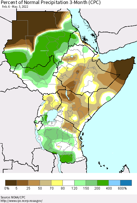Eastern Africa Percent of Normal Precipitation 3-Month (CPC) Thematic Map For 2/6/2022 - 5/5/2022