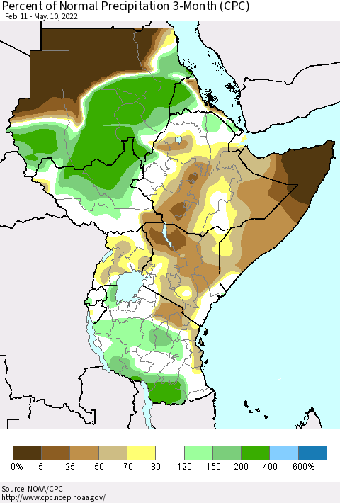 Eastern Africa Percent of Normal Precipitation 3-Month (CPC) Thematic Map For 2/11/2022 - 5/10/2022