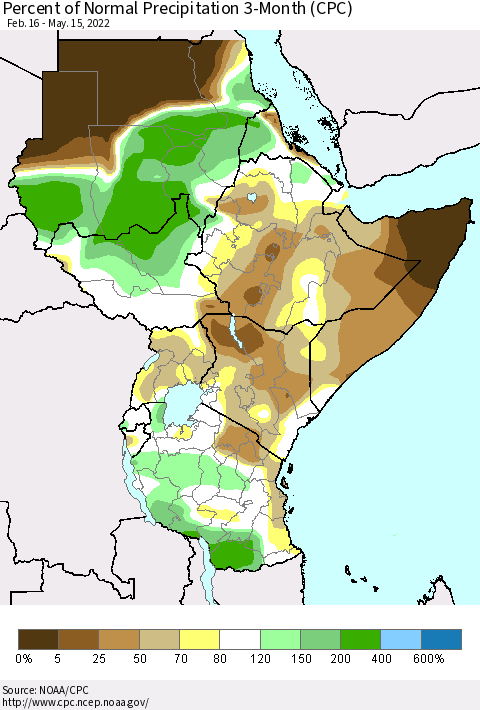 Eastern Africa Percent of Normal Precipitation 3-Month (CPC) Thematic Map For 2/16/2022 - 5/15/2022