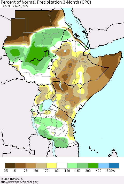 Eastern Africa Percent of Normal Precipitation 3-Month (CPC) Thematic Map For 2/21/2022 - 5/20/2022