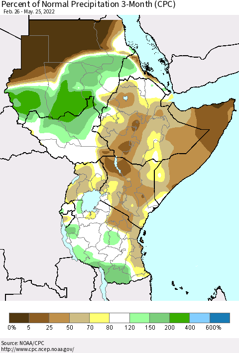 Eastern Africa Percent of Normal Precipitation 3-Month (CPC) Thematic Map For 2/26/2022 - 5/25/2022