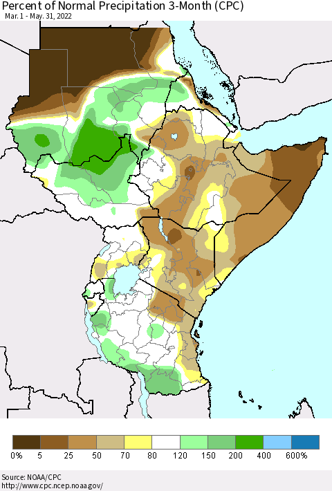 Eastern Africa Percent of Normal Precipitation 3-Month (CPC) Thematic Map For 3/1/2022 - 5/31/2022