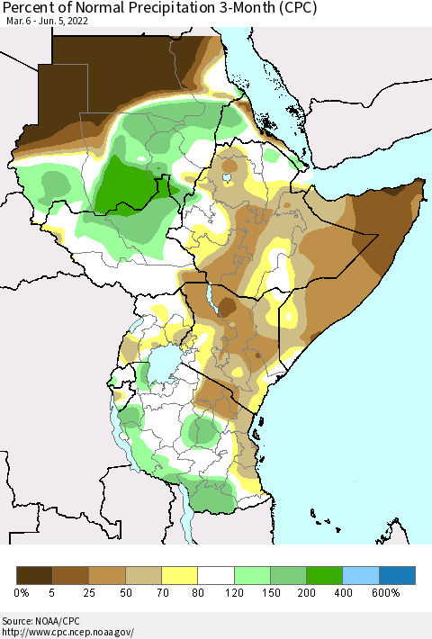 Eastern Africa Percent of Normal Precipitation 3-Month (CPC) Thematic Map For 3/6/2022 - 6/5/2022