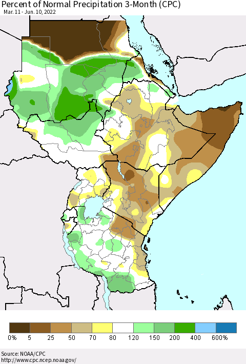 Eastern Africa Percent of Normal Precipitation 3-Month (CPC) Thematic Map For 3/11/2022 - 6/10/2022