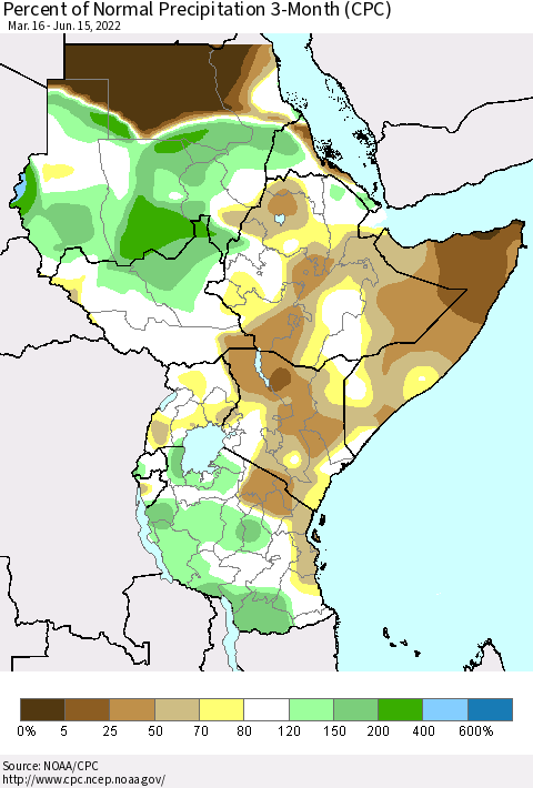 Eastern Africa Percent of Normal Precipitation 3-Month (CPC) Thematic Map For 3/16/2022 - 6/15/2022