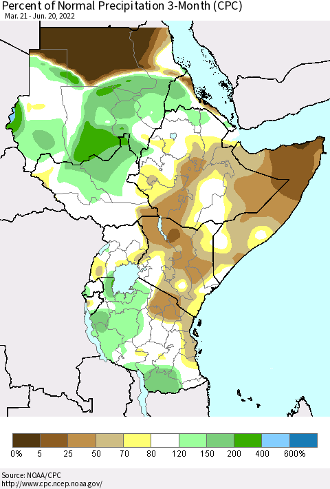 Eastern Africa Percent of Normal Precipitation 3-Month (CPC) Thematic Map For 3/21/2022 - 6/20/2022