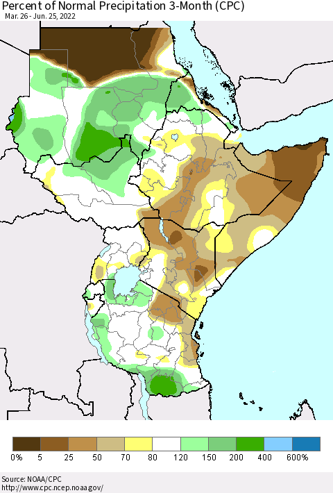 Eastern Africa Percent of Normal Precipitation 3-Month (CPC) Thematic Map For 3/26/2022 - 6/25/2022