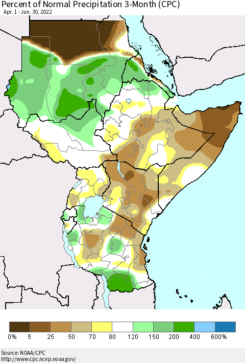 Eastern Africa Percent of Normal Precipitation 3-Month (CPC) Thematic Map For 4/1/2022 - 6/30/2022