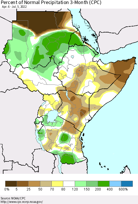 Eastern Africa Percent of Normal Precipitation 3-Month (CPC) Thematic Map For 4/6/2022 - 7/5/2022