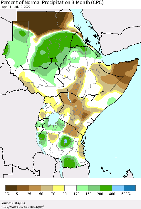 Eastern Africa Percent of Normal Precipitation 3-Month (CPC) Thematic Map For 4/11/2022 - 7/10/2022