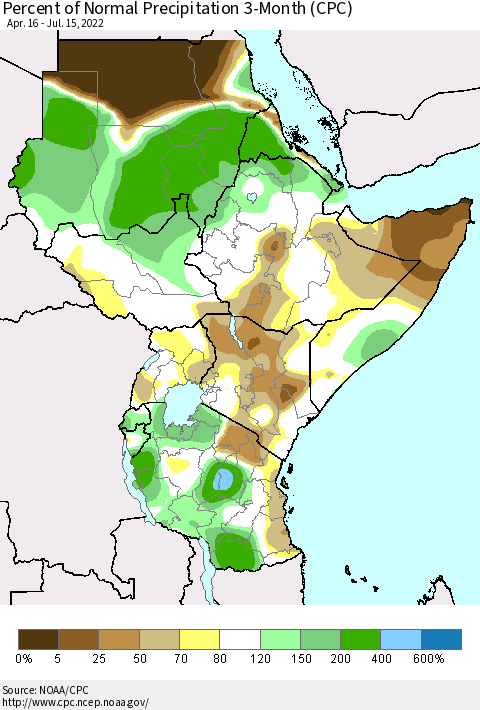 Eastern Africa Percent of Normal Precipitation 3-Month (CPC) Thematic Map For 4/16/2022 - 7/15/2022