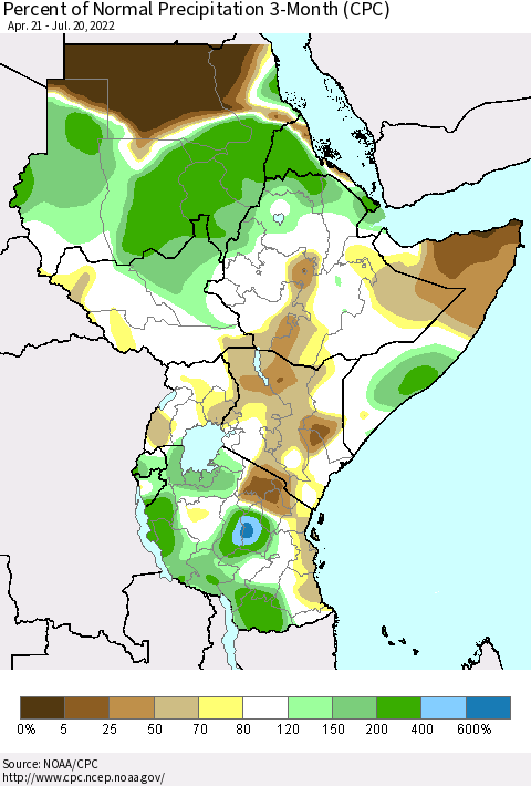Eastern Africa Percent of Normal Precipitation 3-Month (CPC) Thematic Map For 4/21/2022 - 7/20/2022