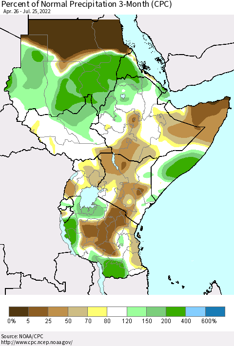 Eastern Africa Percent of Normal Precipitation 3-Month (CPC) Thematic Map For 4/26/2022 - 7/25/2022