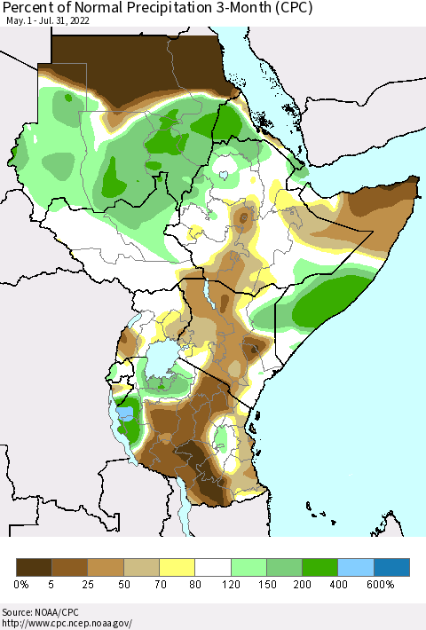 Eastern Africa Percent of Normal Precipitation 3-Month (CPC) Thematic Map For 5/1/2022 - 7/31/2022