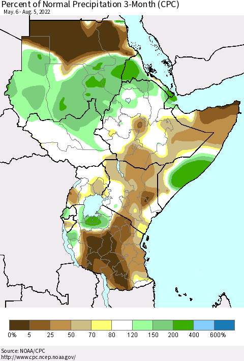 Eastern Africa Percent of Normal Precipitation 3-Month (CPC) Thematic Map For 5/6/2022 - 8/5/2022