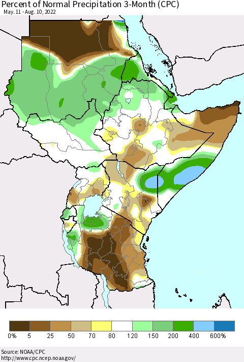 Eastern Africa Percent of Normal Precipitation 3-Month (CPC) Thematic Map For 5/11/2022 - 8/10/2022