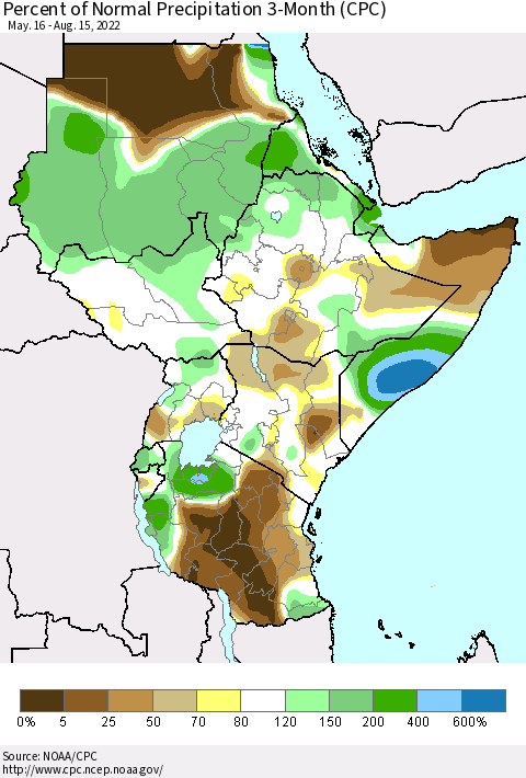 Eastern Africa Percent of Normal Precipitation 3-Month (CPC) Thematic Map For 5/16/2022 - 8/15/2022