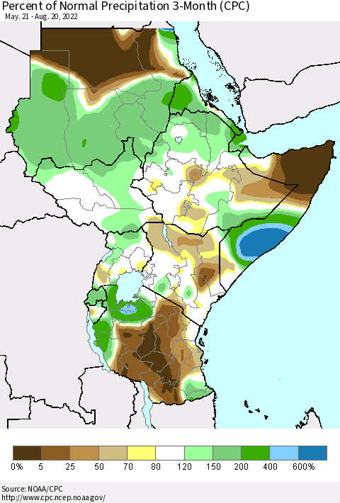 Eastern Africa Percent of Normal Precipitation 3-Month (CPC) Thematic Map For 5/21/2022 - 8/20/2022