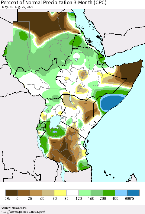 Eastern Africa Percent of Normal Precipitation 3-Month (CPC) Thematic Map For 5/26/2022 - 8/25/2022