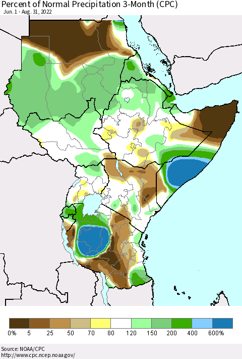 Eastern Africa Percent of Normal Precipitation 3-Month (CPC) Thematic Map For 6/1/2022 - 8/31/2022