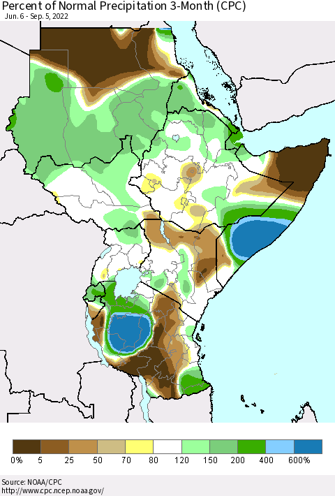 Eastern Africa Percent of Normal Precipitation 3-Month (CPC) Thematic Map For 6/6/2022 - 9/5/2022
