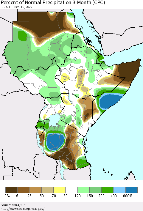 Eastern Africa Percent of Normal Precipitation 3-Month (CPC) Thematic Map For 6/11/2022 - 9/10/2022