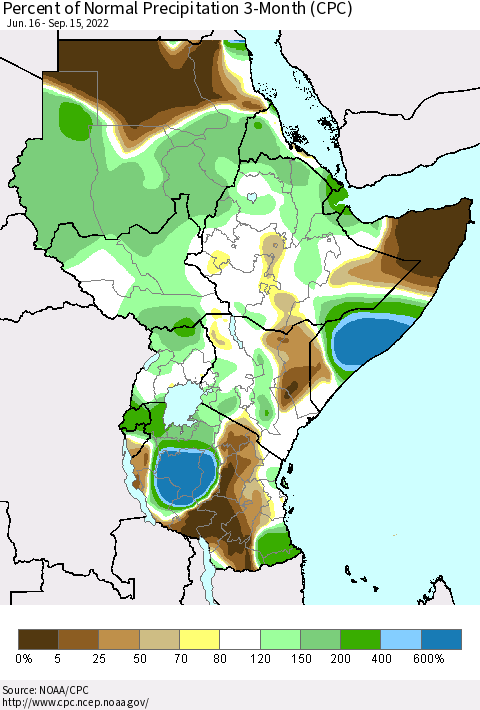 Eastern Africa Percent of Normal Precipitation 3-Month (CPC) Thematic Map For 6/16/2022 - 9/15/2022