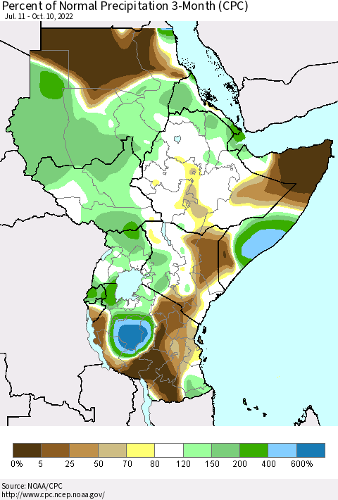 Eastern Africa Percent of Normal Precipitation 3-Month (CPC) Thematic Map For 7/11/2022 - 10/10/2022