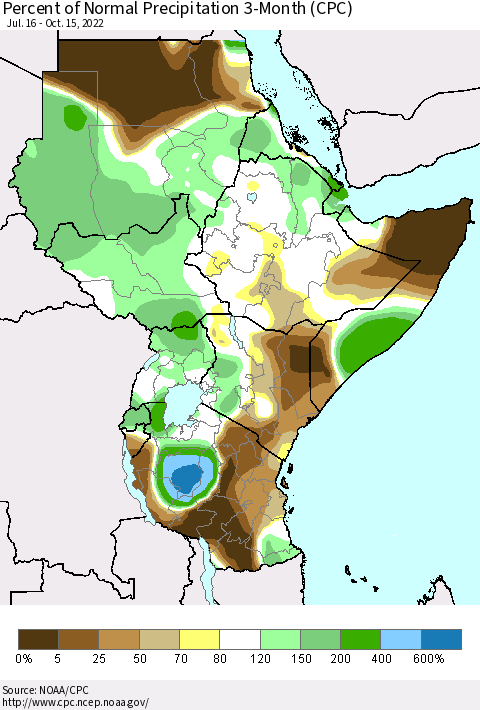 Eastern Africa Percent of Normal Precipitation 3-Month (CPC) Thematic Map For 7/16/2022 - 10/15/2022