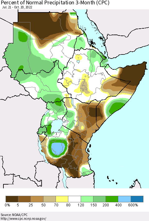 Eastern Africa Percent of Normal Precipitation 3-Month (CPC) Thematic Map For 7/21/2022 - 10/20/2022