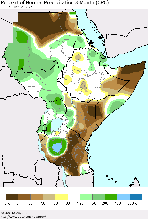 Eastern Africa Percent of Normal Precipitation 3-Month (CPC) Thematic Map For 7/26/2022 - 10/25/2022