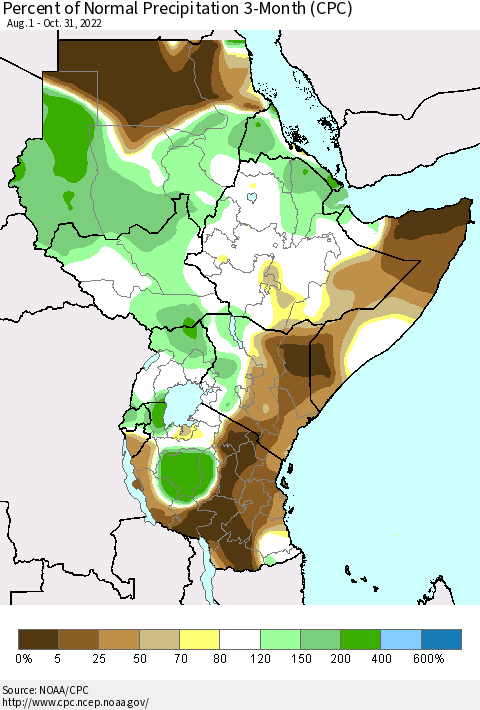 Eastern Africa Percent of Normal Precipitation 3-Month (CPC) Thematic Map For 8/1/2022 - 10/31/2022