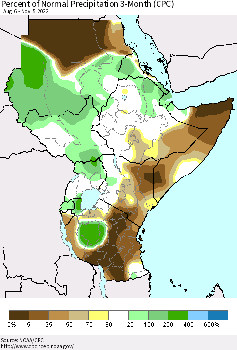 Eastern Africa Percent of Normal Precipitation 3-Month (CPC) Thematic Map For 8/6/2022 - 11/5/2022