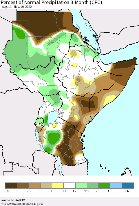 Eastern Africa Percent of Normal Precipitation 3-Month (CPC) Thematic Map For 8/11/2022 - 11/10/2022