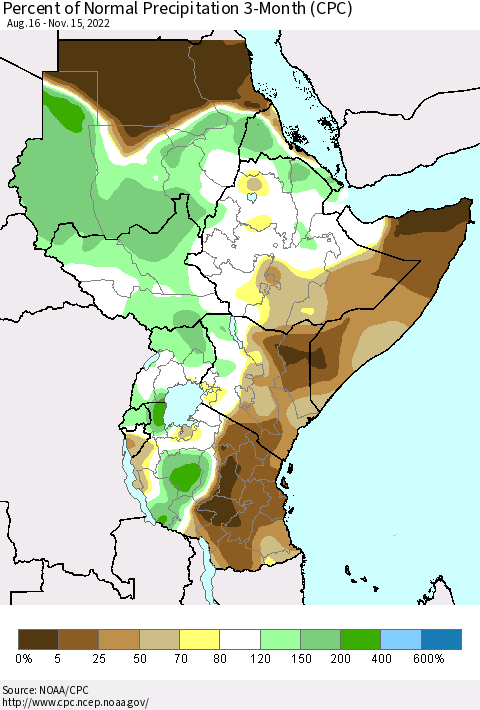 Eastern Africa Percent of Normal Precipitation 3-Month (CPC) Thematic Map For 8/16/2022 - 11/15/2022
