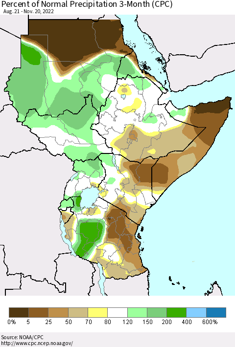 Eastern Africa Percent of Normal Precipitation 3-Month (CPC) Thematic Map For 8/21/2022 - 11/20/2022
