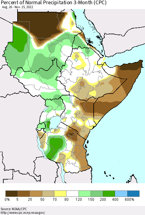 Eastern Africa Percent of Normal Precipitation 3-Month (CPC) Thematic Map For 8/26/2022 - 11/25/2022