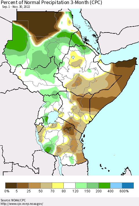 Eastern Africa Percent of Normal Precipitation 3-Month (CPC) Thematic Map For 9/1/2022 - 11/30/2022