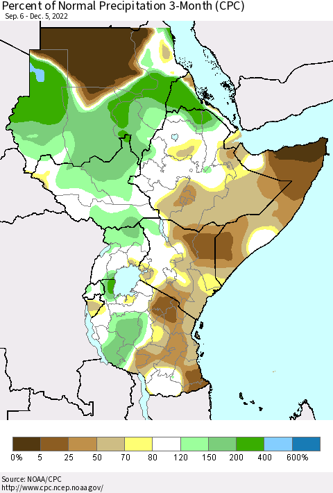 Eastern Africa Percent of Normal Precipitation 3-Month (CPC) Thematic Map For 9/6/2022 - 12/5/2022