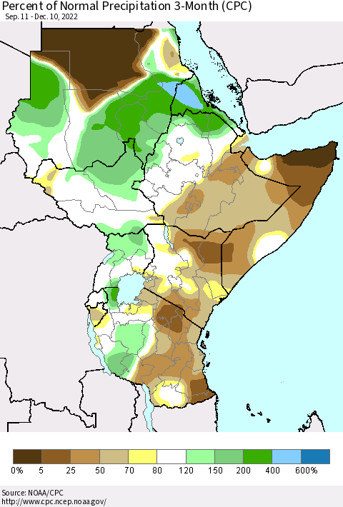 Eastern Africa Percent of Normal Precipitation 3-Month (CPC) Thematic Map For 9/11/2022 - 12/10/2022