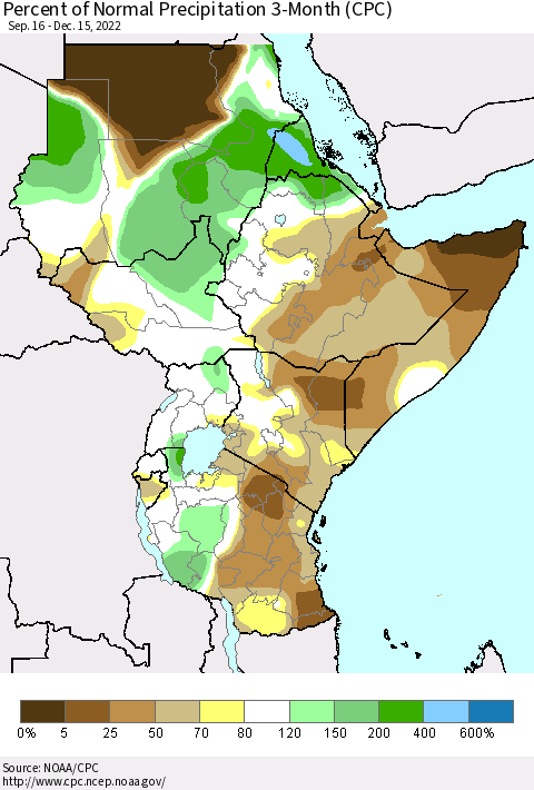 Eastern Africa Percent of Normal Precipitation 3-Month (CPC) Thematic Map For 9/16/2022 - 12/15/2022