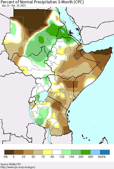 Eastern Africa Percent of Normal Precipitation 3-Month (CPC) Thematic Map For 9/21/2022 - 12/20/2022
