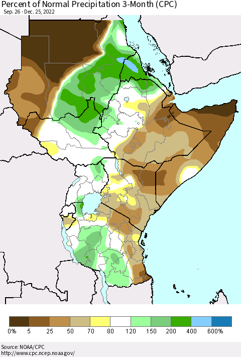 Eastern Africa Percent of Normal Precipitation 3-Month (CPC) Thematic Map For 9/26/2022 - 12/25/2022