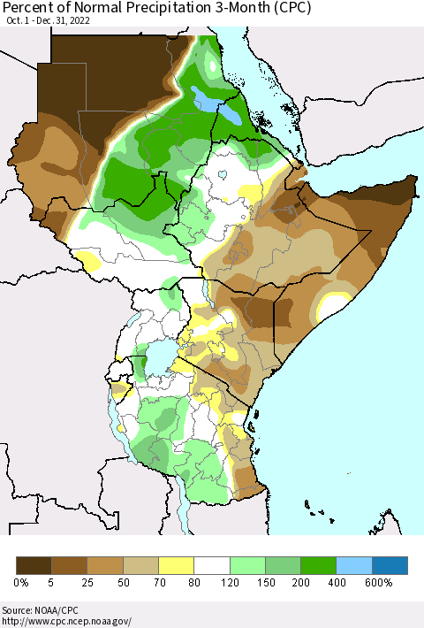 Eastern Africa Percent of Normal Precipitation 3-Month (CPC) Thematic Map For 10/1/2022 - 12/31/2022