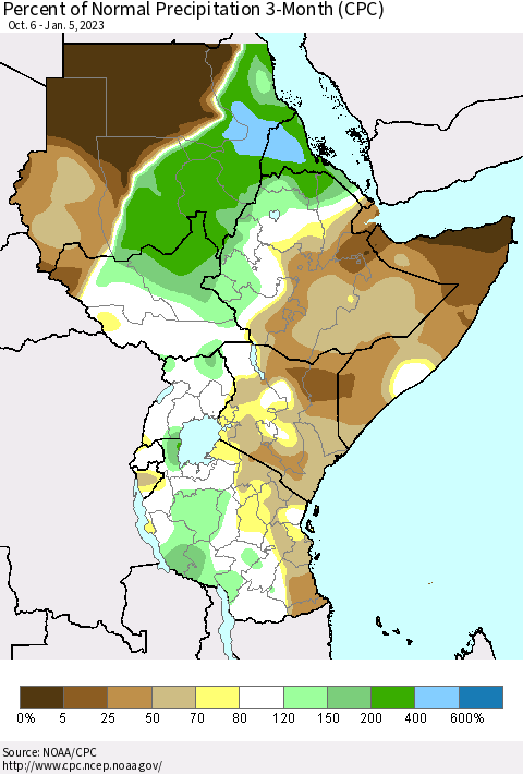 Eastern Africa Percent of Normal Precipitation 3-Month (CPC) Thematic Map For 10/6/2022 - 1/5/2023