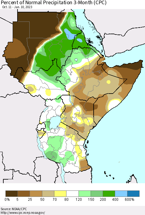 Eastern Africa Percent of Normal Precipitation 3-Month (CPC) Thematic Map For 10/11/2022 - 1/10/2023