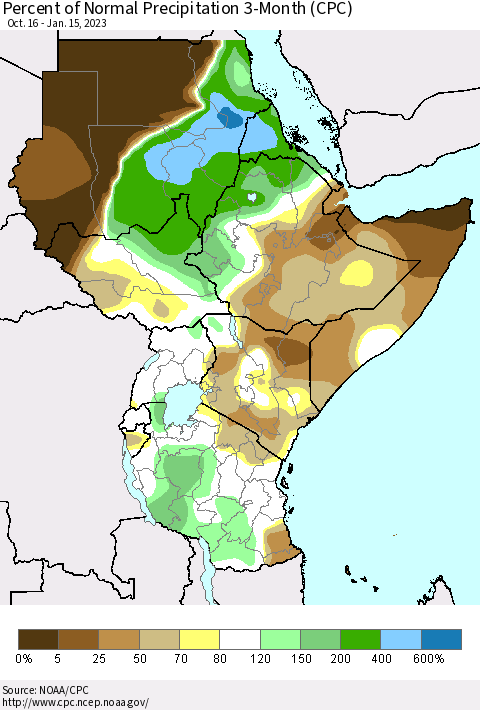 Eastern Africa Percent of Normal Precipitation 3-Month (CPC) Thematic Map For 10/16/2022 - 1/15/2023