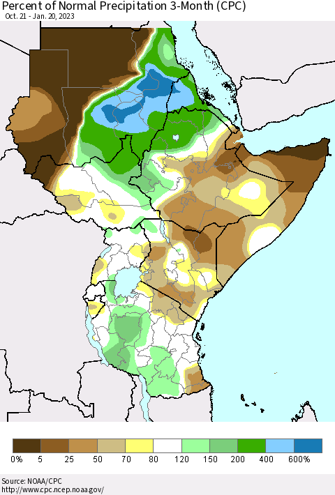 Eastern Africa Percent of Normal Precipitation 3-Month (CPC) Thematic Map For 10/21/2022 - 1/20/2023