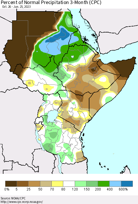 Eastern Africa Percent of Normal Precipitation 3-Month (CPC) Thematic Map For 10/26/2022 - 1/25/2023