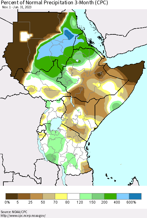 Eastern Africa Percent of Normal Precipitation 3-Month (CPC) Thematic Map For 11/1/2022 - 1/31/2023